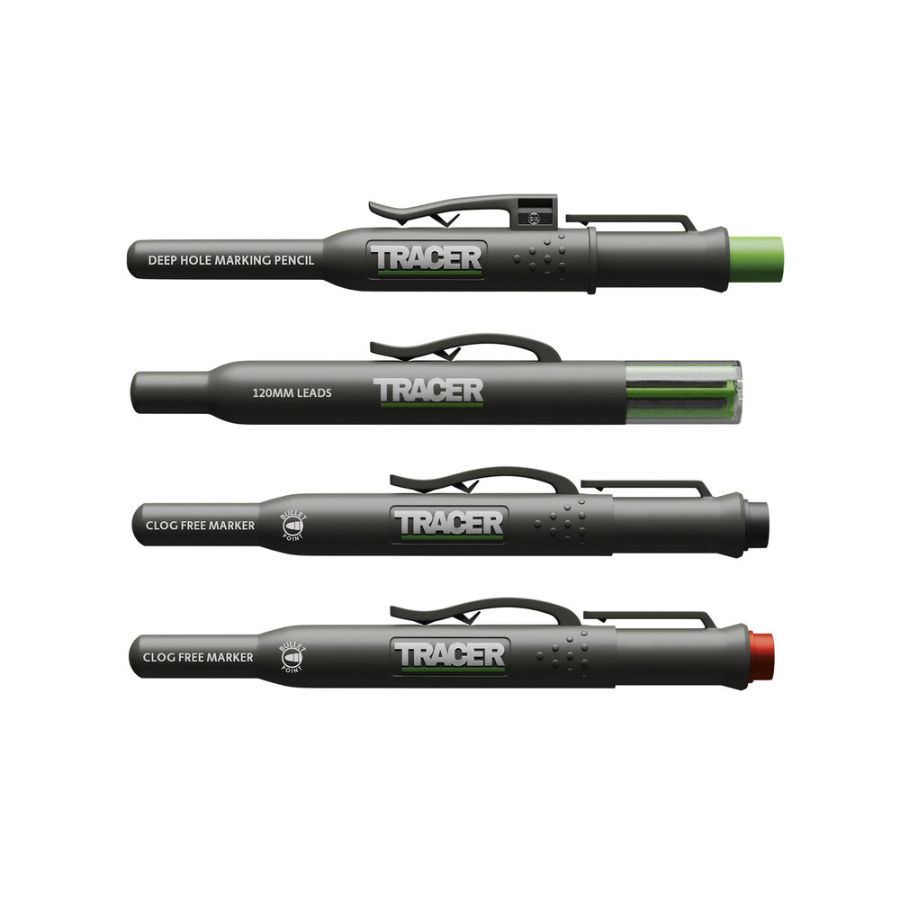 Tracer - Markierungsset Tiefloch-Schreinerbleistift, Ersatzminen x 6 und 2 verstopfungsfreie Marker mit Holster - AMK4