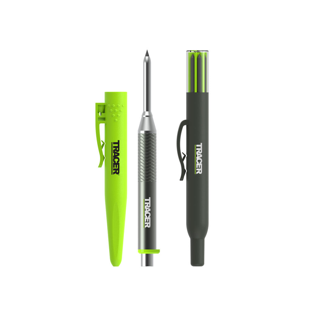 Tracer - Pro Series Aluminium Tiefloch-Bleistift mit 6 Ersatzminen und dazugehörigen Standort-Holstern All-in-One-Bau-Markierungs-Set - AMK1-PRO