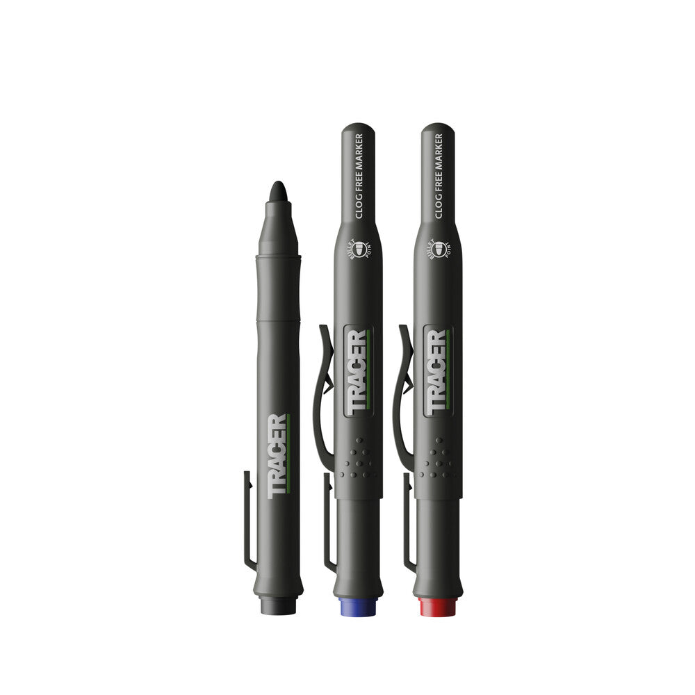 Tracer - Verstopfungsfrei Baumarkierungsset. 3 x Markierungsstifte mit Halteclippen (Allzweckmarker, ideal für glänzende und staubige Oberflächen) Markierstift – Schwarz, Rot, Blau - ACF-MK3