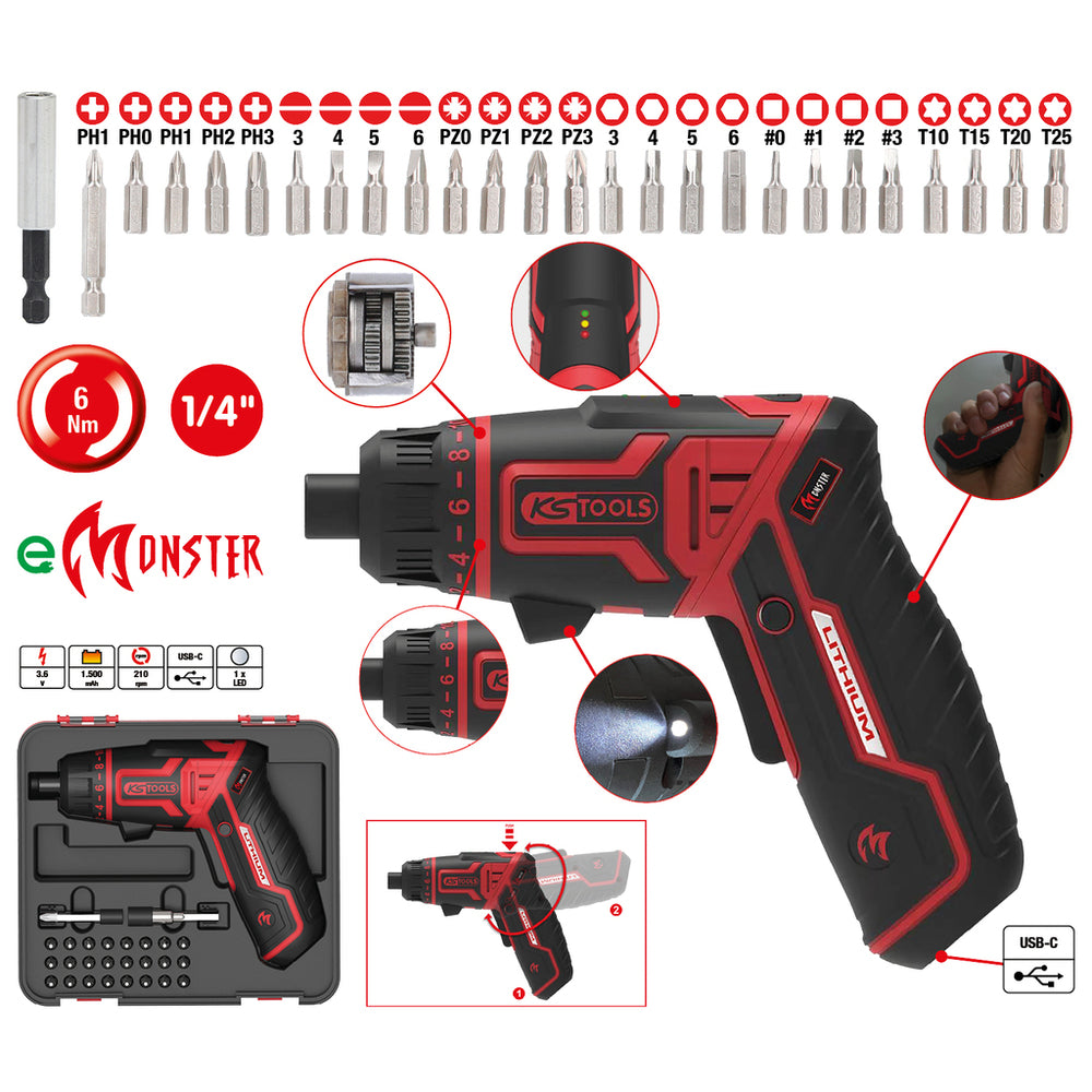 KS Tools - eMONSTER 1/4" Akku-Bit-Schrauber-Satz, 27-tlg. - 515.6500