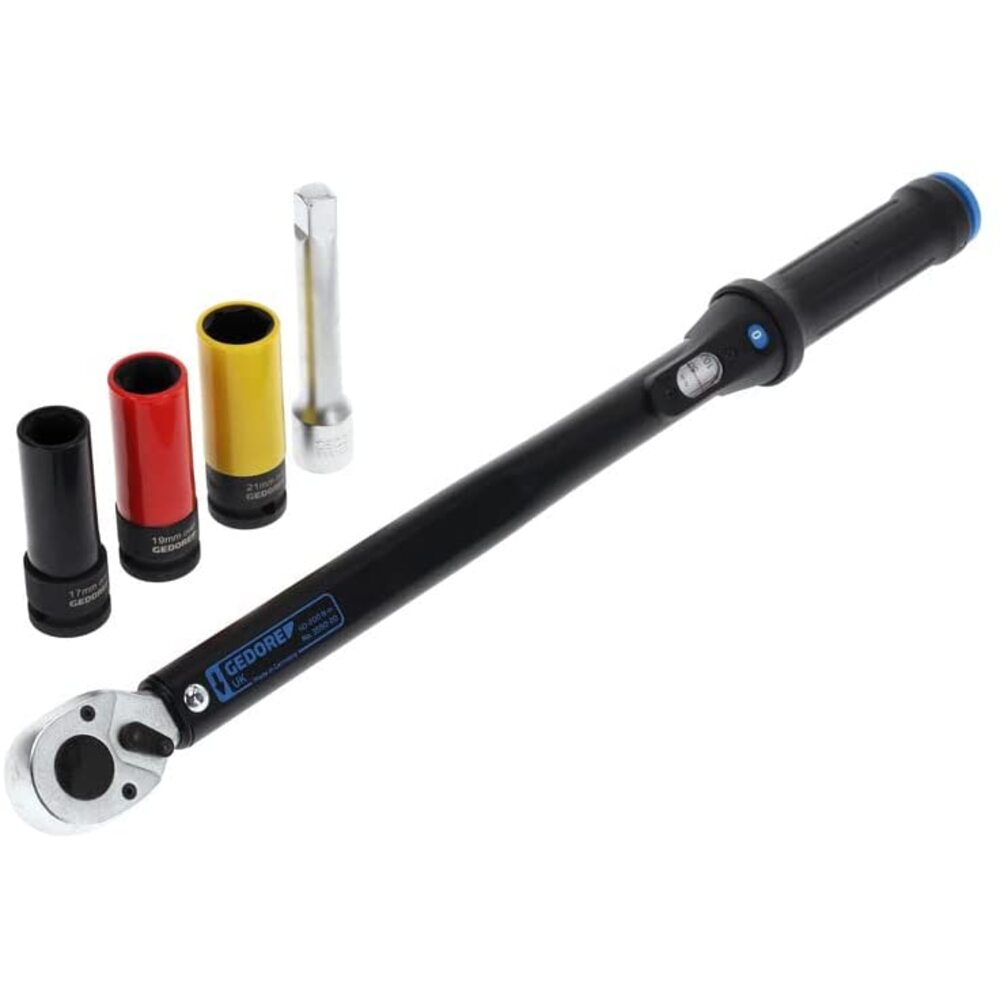 GEDORE Drehmomentschlüssel-Satz mit Vierkantantrieb, 1/2", 40-200 Nm, Set mit Kraftsteckschlüsseln/Verlängerung, 3550-UK-LS4