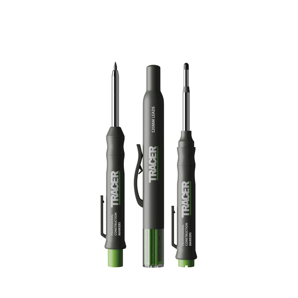 Tracer - Komplett Tieflochmarkierungsset. Inklusive Doppelspitzigem Tiefbohr-Dauermarker,Tieflochmarker Bleistift, 6x Ersatzminenspender Seitenhalter - AMK3