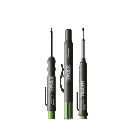 Tracer - Komplett Tieflochmarkierungsset. Inklusive Doppelspitzigem Tiefbohr-Dauermarker,Tieflochmarker Bleistift, 6x Ersatzminenspender Seitenhalter - AMK3